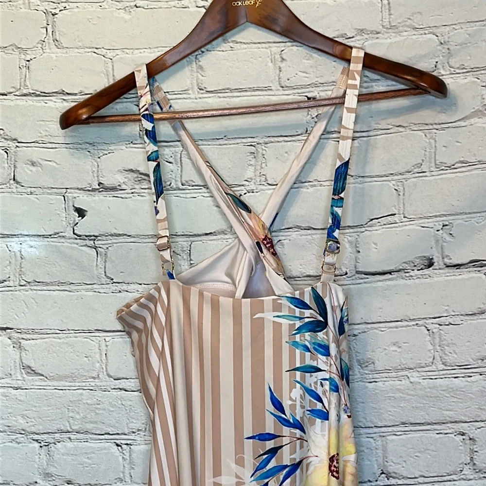 Athena Tan White Striped Floral Halter Swimsuit Size 6 Excellent Condition